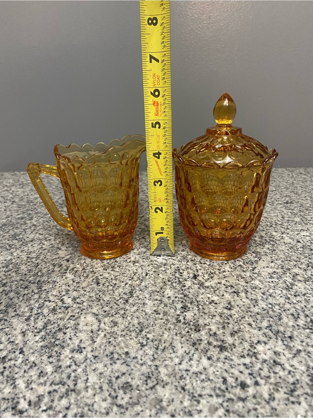 VTG 1960s FENTON Colonial Thumbprint Amber Glass Creamer Covered Sugar Bowl Set - Picture 10 of 12
